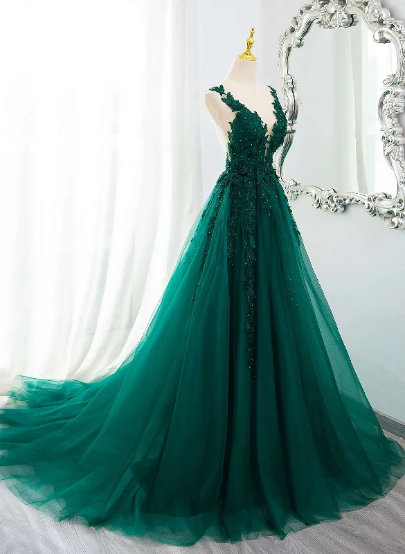 Dark Green V-neckline Lace Long Beaded Prom Dress, Dark Green Party Dress Tunics Spring floral