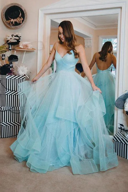 Blue Ruffles Backless Party Dresses Spaghetti Straps Tulle Prom Dresses Tunics Long Elegant