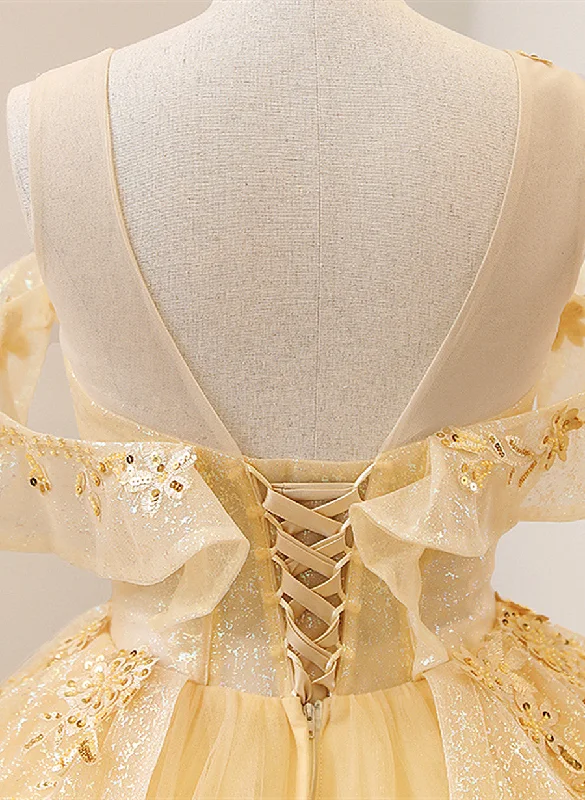 Light Yellow Tulle with Beadings and Lace Party Dress, Yellow Tulle Prom Dress Tunics Mesh breathable