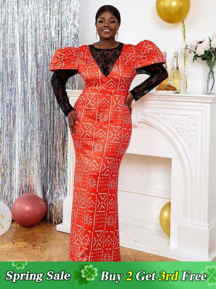 AOMEIDRESS African Print Tea Party Dress Lace Patchwork Long Sleeve Tunics Fashionable trendy
