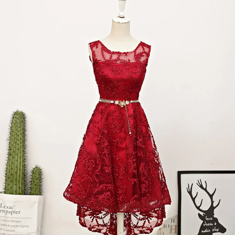 Dark Red High Low Lace Party Dress Homecoming Dress, Red Short Prom Dress Lace Sexy Club
