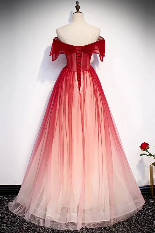 Burgundy Off The Shoulder Tulle Long Lace Up Formal Prom Dresses Party Dresses Tunics Top Casual