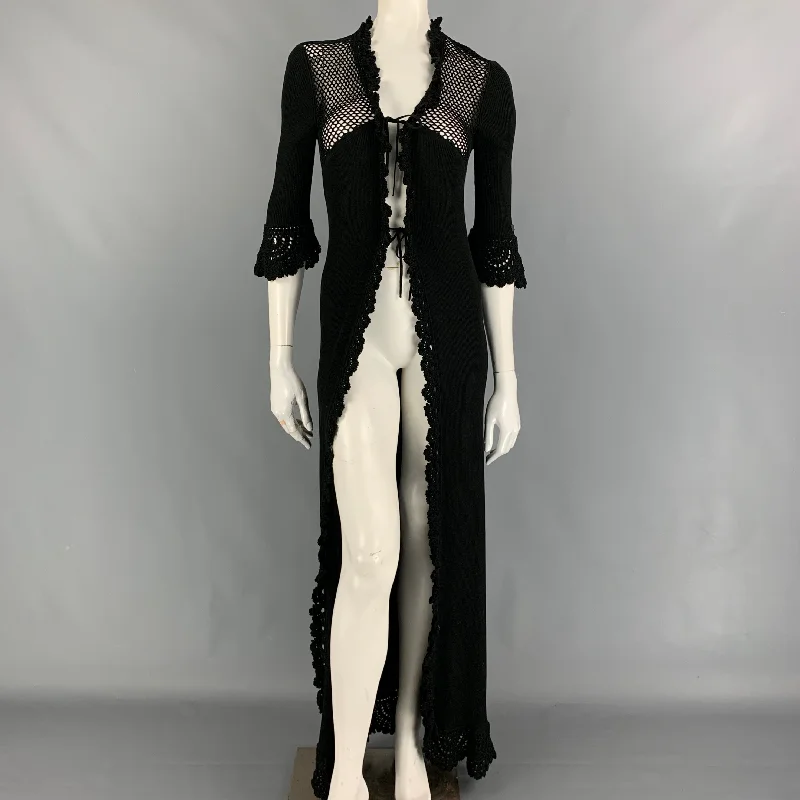 CHANEL 2003 Size 10 Black Knitted Cotton Long Cardigan Cable Knit Ribbed Knit Lace Knit