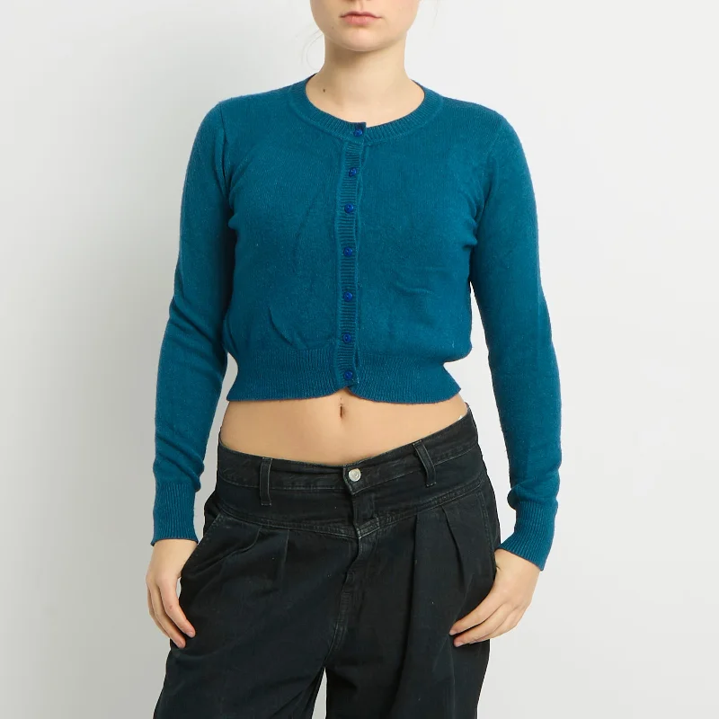 Knitted Cropped Cardigan - UK 8 Solid Print Embellished