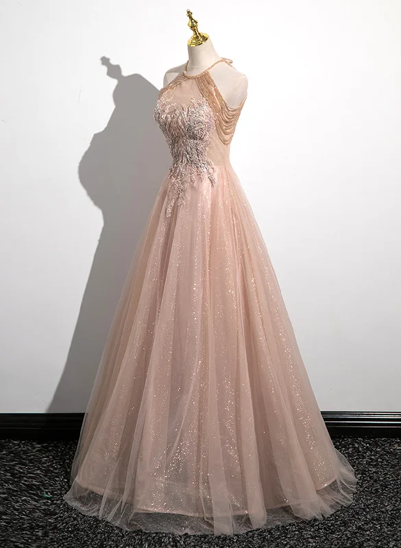 Lovely Pearl Pink Halter Tulle with Lace Applique Party Dress, A-line Tulle Long Prom Dress Tunics Office stylish