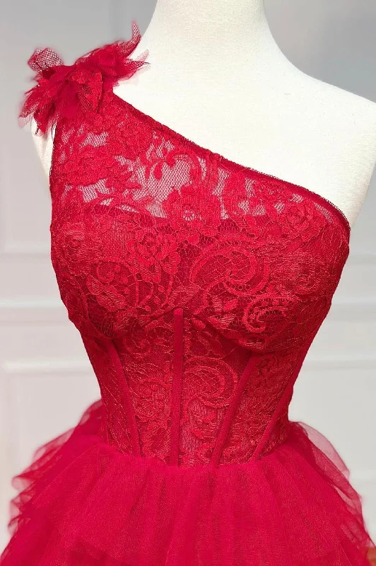 Red One Shoulder Tulle Layers Long Prom Dress with Lace, A-Line Evening Party Dress Tunics Luxurious premium