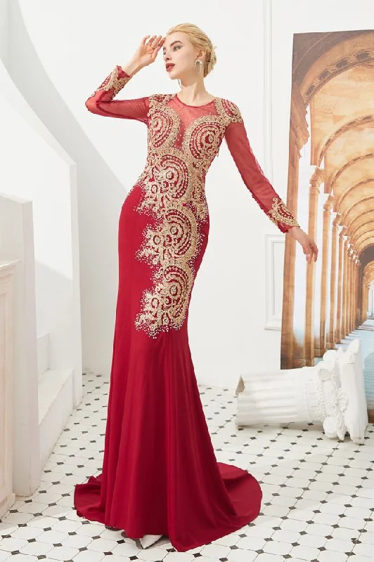 Slim Long Sleeves Gold Appliques Mermaid Evening Gowns Floor Length Event Party Dress Tunics Exclusive limited