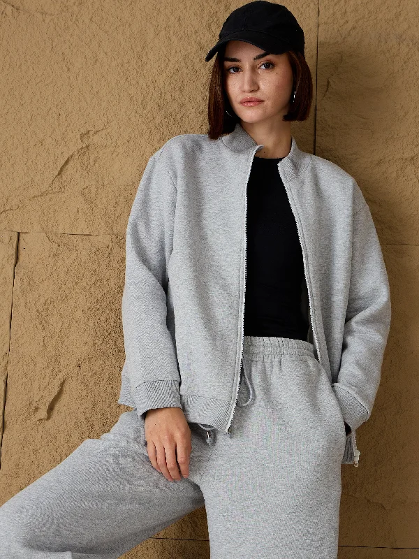 Women Grey Melange Fleece Zipper Jacket Knit Fabric Woven Fabric Fleece Fabric