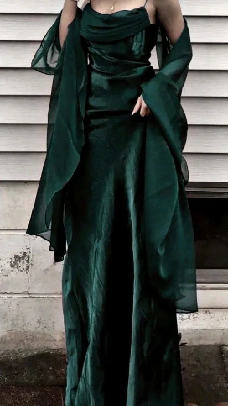 Vintage A Line Spaghetti Straps Green Chiffon Prom Dresses Long Evening Gown Formal Party Dress With Ribbon Tunics Seasonal trendy