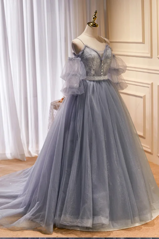 Gray Spaghetti Strap Lace Long Prom Dress, Off the Shoulder Evening Party Dress Tunics Sophisticated sleek