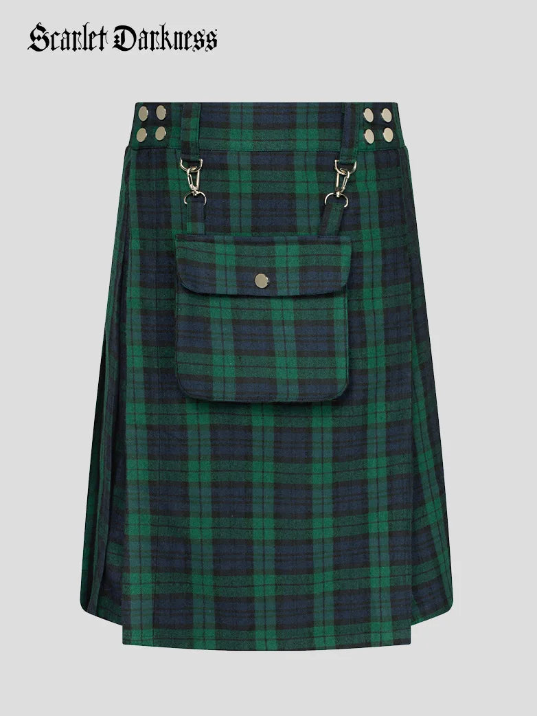 Scottish Mens Tartan Utility Kilt Pleated Midi Skirt with Bag summer skirt style