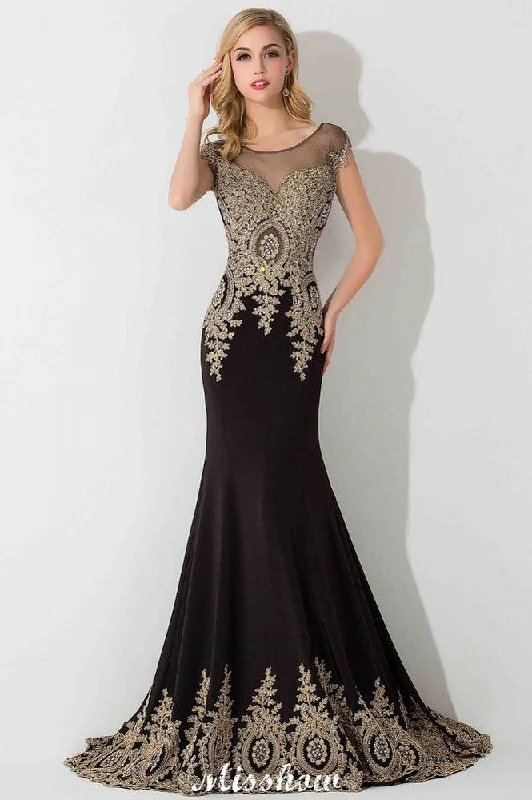 Stylish Cap Sleeve Gold Appliques Mermaid Evening Maxi Gown Sleveless Party Dress Tunics Chic fashionable