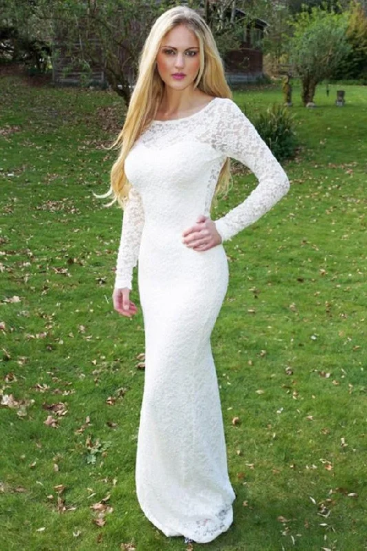 Formal Ivory Long Sleeves Long Sheath Lace Prom Dress Wedding Party Dress Pleated Skirt Elegant
