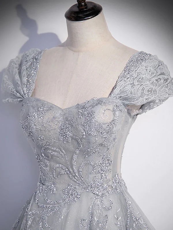 Grey A-line Tulle Short Sleeves Long Formal Dress, Grey Tulle Lace Party Dress Prom Dress Tunics Distressed trendy