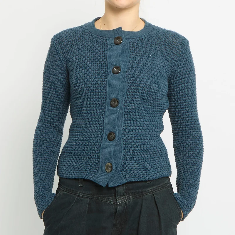 Ribbed Large Button Detail Knitted Cardigan- UK 8 Fleece Cardigan Nylon Polyester