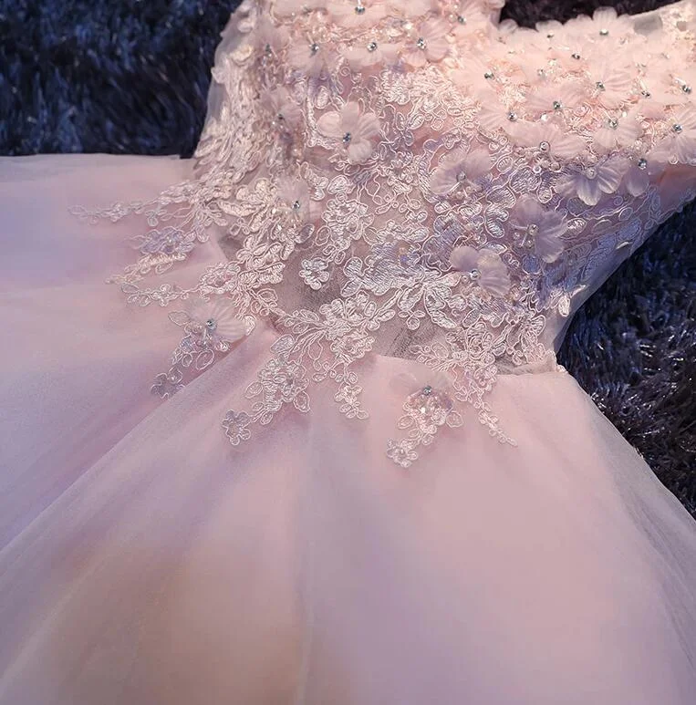 Pink V-neckline Flowers and Lace Applique Party Dress, Short Prom Dress Tunics Handmade artisanal