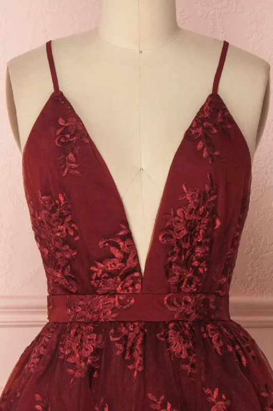 Burgundy V-Neck Lace Short Backless Prom Dress, Cute Lace Party Dress Tunics Brand named