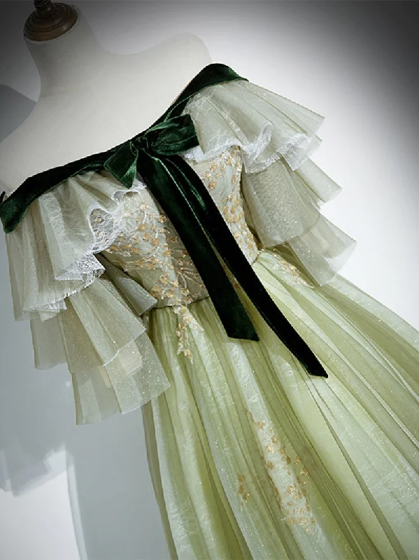 Light Green Tulle with Lace A-line Long Party Dress, Light Green Evening Dress Prom Dress Tunics Velvet soft