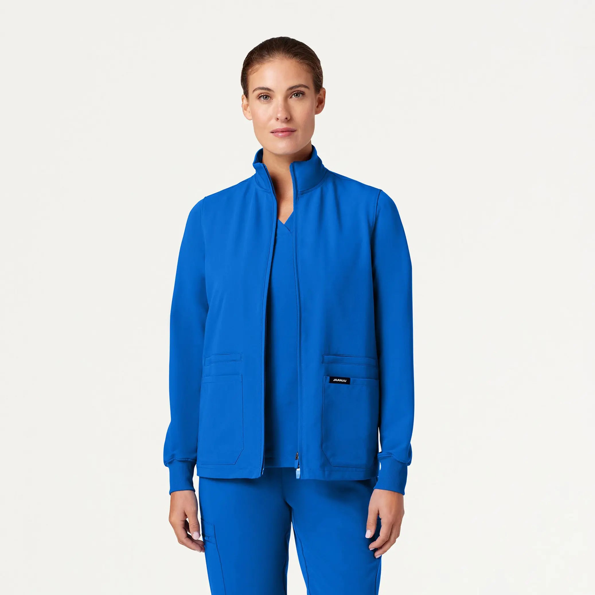 Jaanuu Women's Ceri Essential 6-Pocket Scrub Jacket - Royal Blue Zip Front Button Front Snap Front