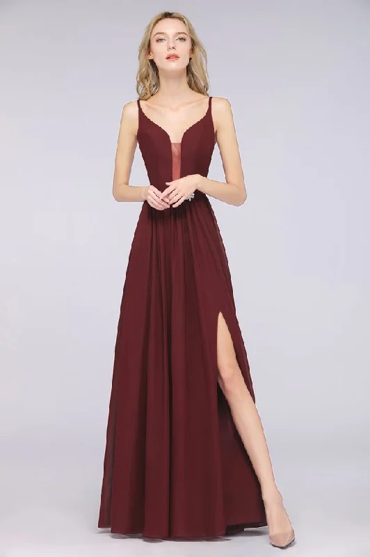 Sexy Double Deep V-Neck Ruffles Sleeveless Bridesmaid Dress Chiffon Side Split Evening Party Dress Tunics New arrival