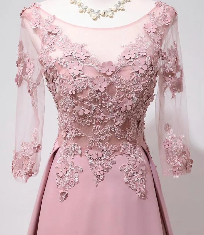 Elegant Pink Long Sleeves Lace Applique Long Party Dress, Pink Prom Dress Tunics Winter warm