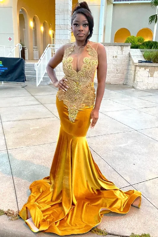 V-neck Gold Velvet Sleeveless Mermaid Long Court Train Prom Party Dresses Tunics Sale discount