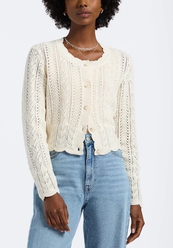 Emmanuelle Women's Scalloped Hem Open-Knit Cardigan, Parchment - SW0110P Cable Knit Ribbed Knit Lace Knit