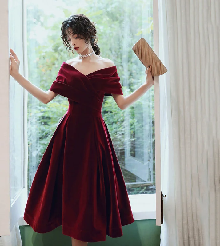 Burgundy velvet short prom dress party dress Glittery Long Formal