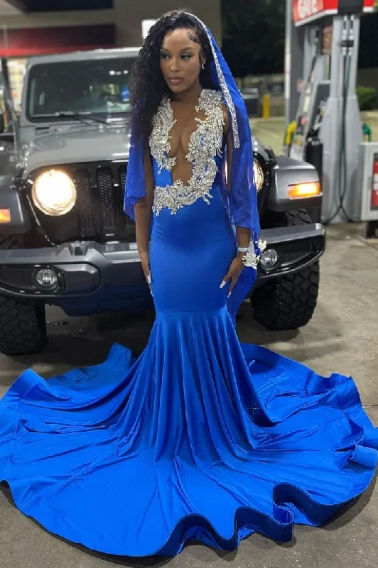 Royal Blue Deep V-neck Mermaid Court Train Long Prom Party Dresses Cowl Neckline Elegant Royal Blue Deep V-neck Mermaid Court Train Long Prom Party Dresses Cowl Neckline Elegant