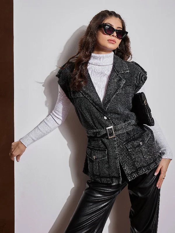 Women Black Washed Pocket Detail Sleeveless Belted Jacket Cotton Jacket Linen Jacket Terry Jacket