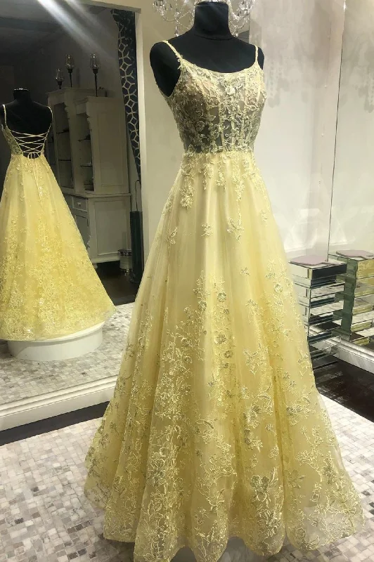 Yellow Tulle Long Prom Dress with Lace, A-Line Backless Party Dress Halter Neckline Beach