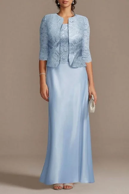 Elegant Long Blue Lace Satin Mother of the Bride Dresses with Jacket Mesh Jacket Canvas Jacket Denim Jacket
