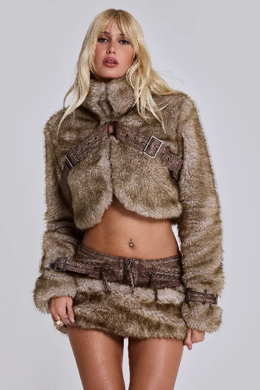 Raven Faux Fur & Leather Crop Jacket Trench Coat Raincoat Waterproof Jacket