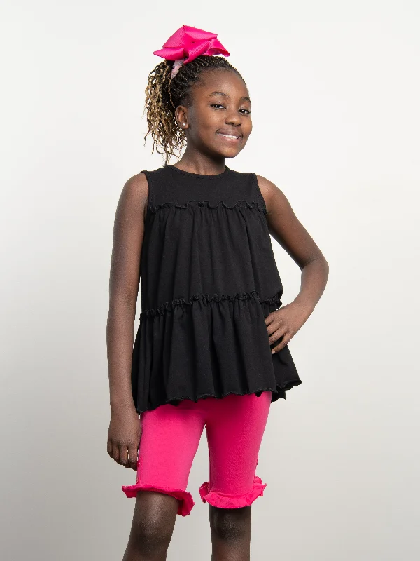 Cotton Tiered Ruffle Tank - Black bright tank top