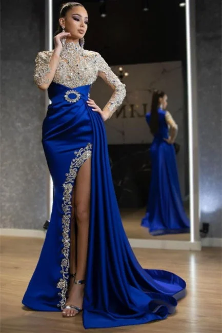 Luxury Halter Royal Blue Satin Mermaid Evening Maxi Dress Long Sleeves Crystals Gold Appliques Party Dress Tunics Summer linen