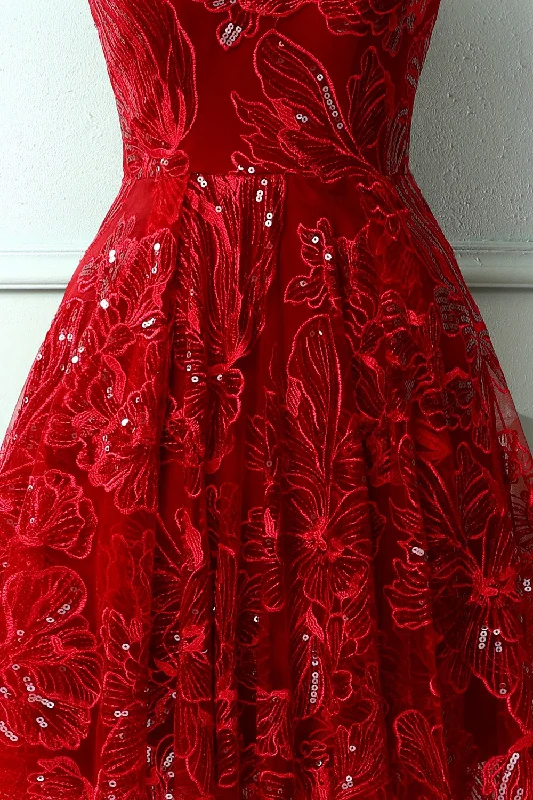 Burgundy Lace V-Neck Short Prom Dress, A-Line Irregular Hem Party Dress Tunics Handmade artisanal
