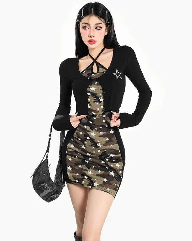Harley Black Patchwork Camouflage Star Print Slim Halter Slim Mini Dress Solid Color Black Cardigan Matching Set Bright Pastel Dark