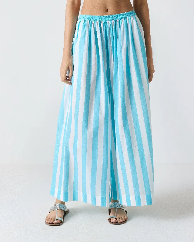 Soto Flared Pants - Aqua & White Stripes Trendy Wide-Leg Pants