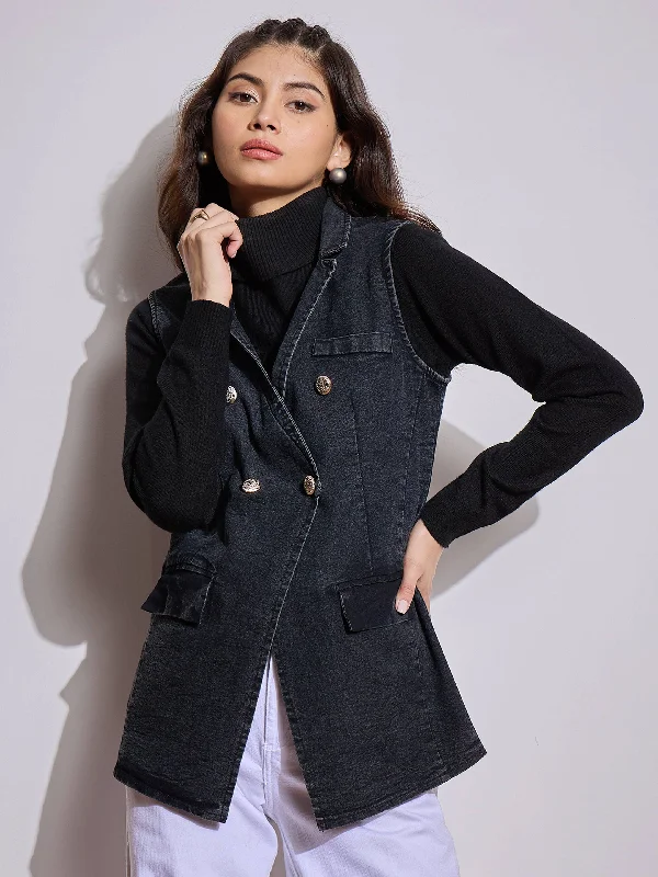 Women Black Denim Flap Pocket Sleeveless Jacket Rayon Jacket Velvet Jacket Corduroy Jacket