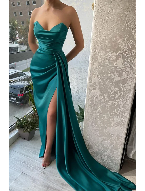 Mermaid Party Dress Evening Gown Sexy Dress Wedding Wedding Reception Court Train Sleeveless Strapless Satin with Ruched Slit Tunics Office stylish