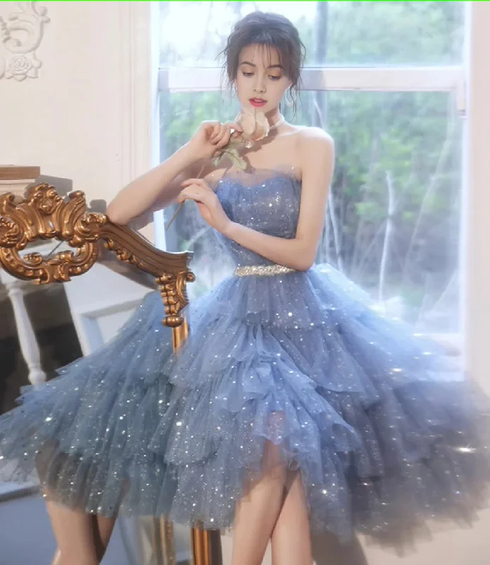 Blue Tulle Sequins Short Homecoming Dress Party Dress Tunics Silk luxurious