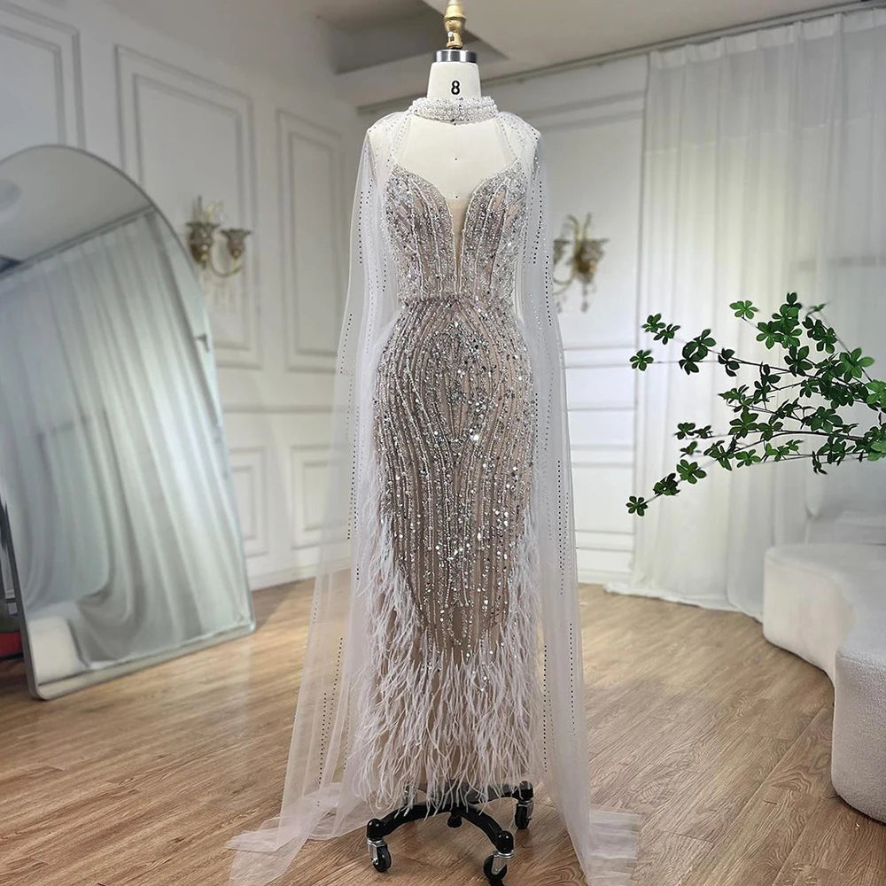 Serene Hill 2025 White Nude Mermaid Wedding Party Dresses with Beaded Feathers Luxury Cape Sleeves  Party Gowns LA72047A Tunics Cozy soft