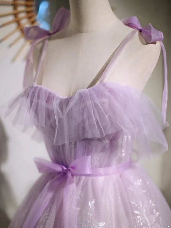 Lovely Spaghetti Strap Tulle Lace Short Prom Dress, Lavender A-Line Party Dress Tunics Office stylish