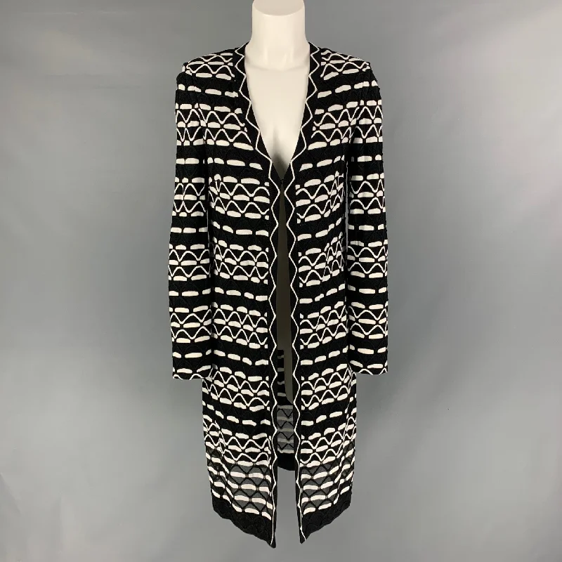 ST. JOHN Size P Black & White Rayon Blend Geometric Open Front Cardigan Real Fur Shearling Chenille