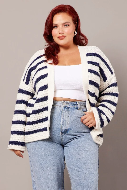 White Stripe Oversized Knit Cardigan Long Sleeve Longline Seamless Knitted Crochet