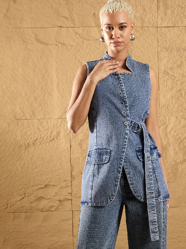 Women Blue Wash Denim Eyelet Sleeveless Jacket Rayon Jacket Velvet Jacket Corduroy Jacket