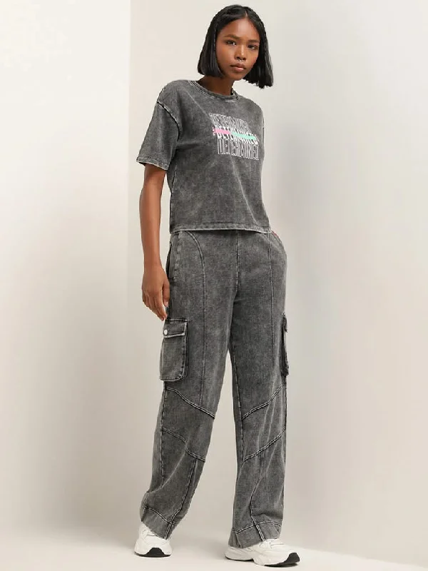 Studiofit Black Faded Mid-Rise Cotton Track Pants Comfortable Jogger Trousers