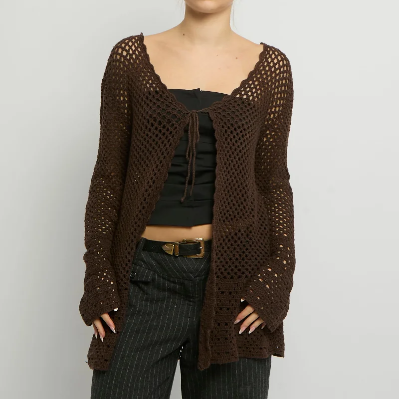 Crochet Knit Tie Cardigan - UK 16 Transparent Opaque Sheer