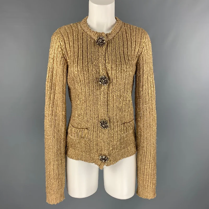 LANVIN Size S Gold Knitted Silk Snaps Cardigan Iron Safe Non-Iron Wrinkle Free