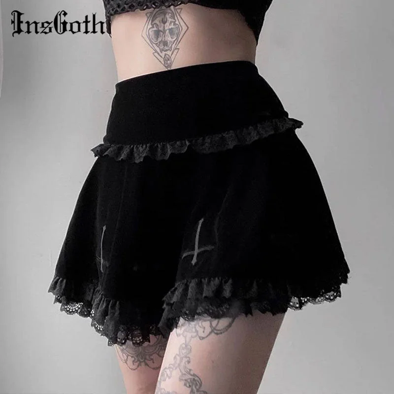 Lace Trim Black Skirt velvet skirt glossy